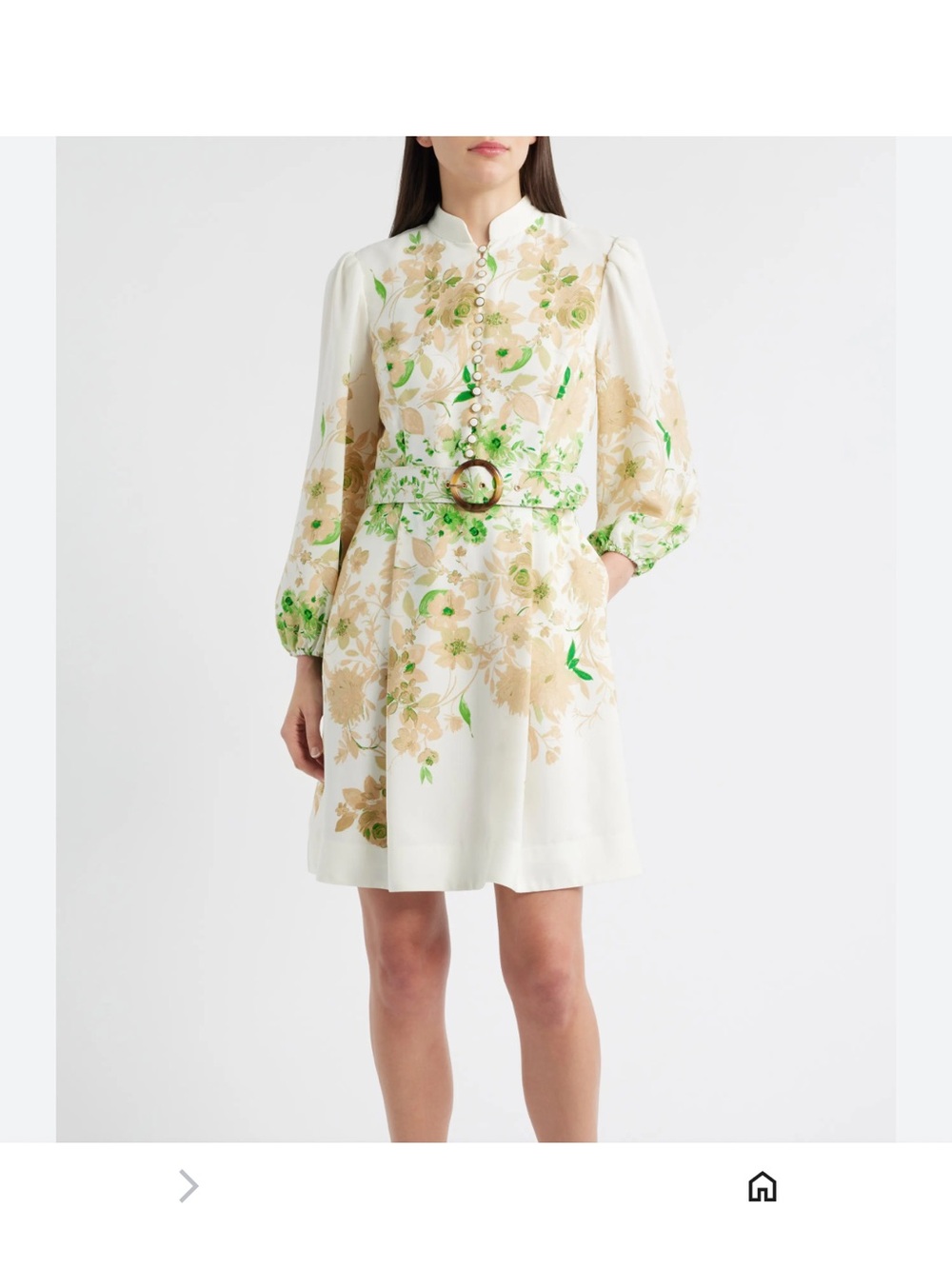 Tahari ASL Ivory Mini Dress with Beige Floral Print and Green Accents